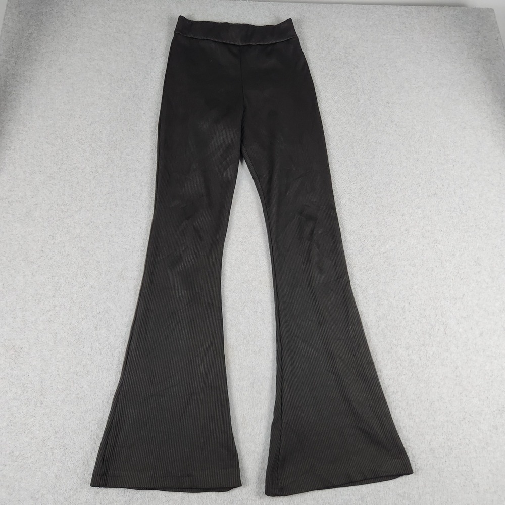 Modas Liz Bell Bottom Pants Womens W22 Black Ribbed High Waist Stretch Pull On
